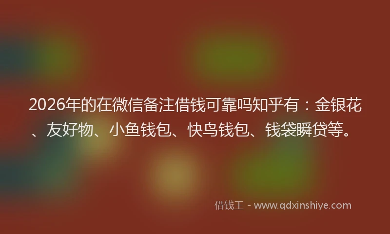 2026年的在微信备注借钱可靠吗知乎有:金银花、友好物、小鱼钱包、快鸟钱包、钱袋瞬贷等。