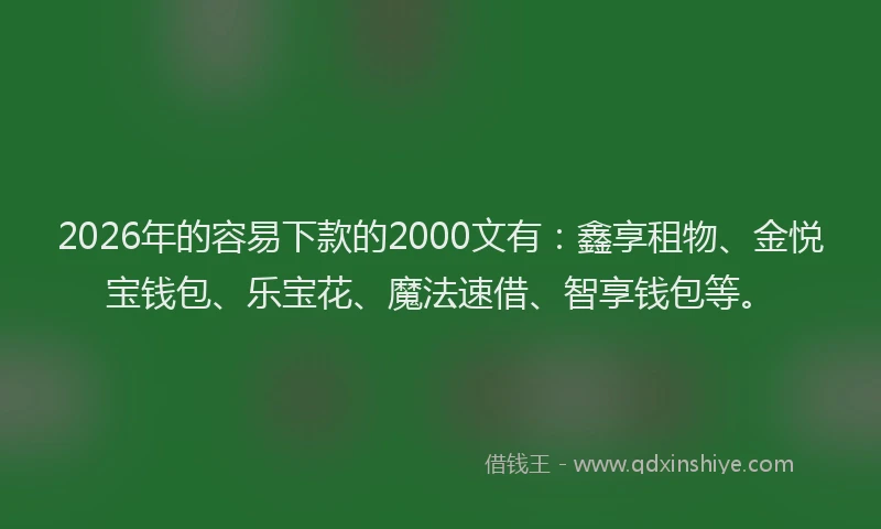 2026年的容易下款的2000文有：鑫享租物、金悦宝钱包、乐宝花、魔法速借、智享钱包等。
