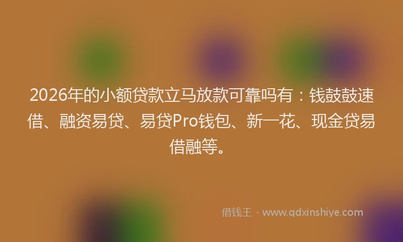 2026年的小额贷款立马放款可靠吗有：钱鼓鼓速借、融资易贷、易贷Pro钱包、新一花、现金贷易借融等。