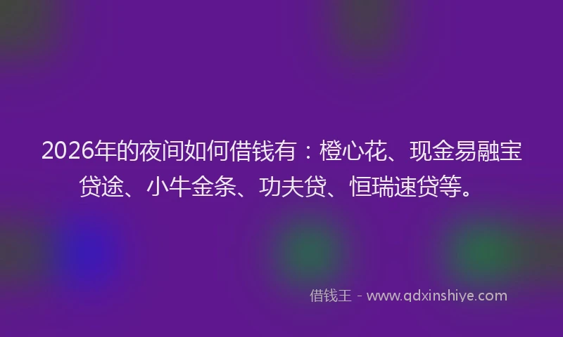 2026年的夜间如何借钱有:橙心花、现金易融宝贷途、小牛金条、功夫贷、恒瑞速贷等。