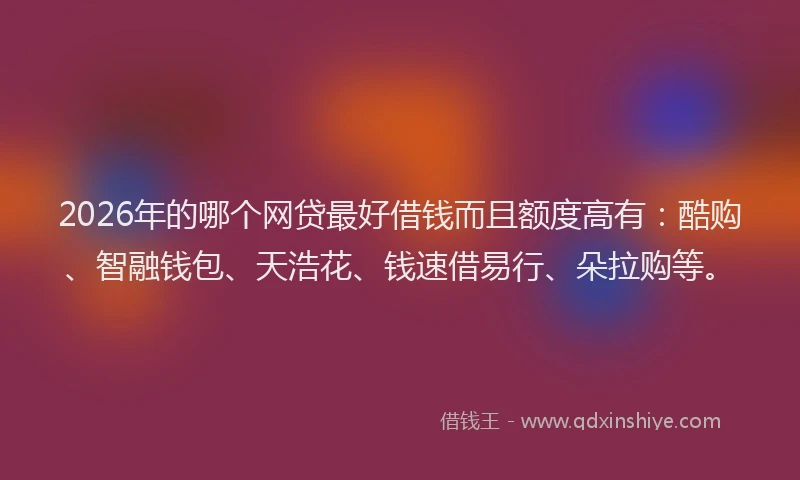 2026年的哪个网贷最好借钱而且额度高有:酷购、智融钱包、天浩花、钱速借易行、朵拉购等。