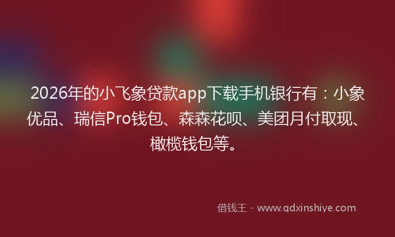 2026年的小飞象贷款app下载手机银行有：小象优品、瑞信Pro钱包、森森花呗、美团月付取现、橄榄钱包等。