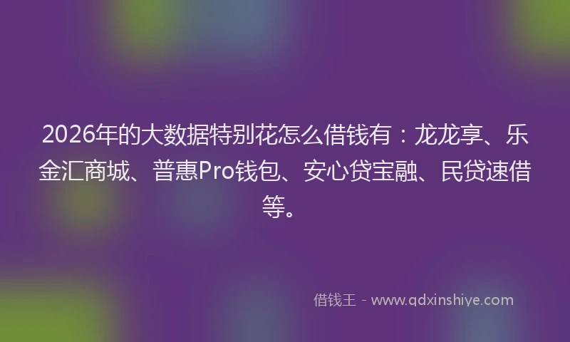2026年的大数据特别花怎么借钱有：龙龙享、乐金汇商城、普惠Pro钱包、安心贷宝融、民贷速借等。