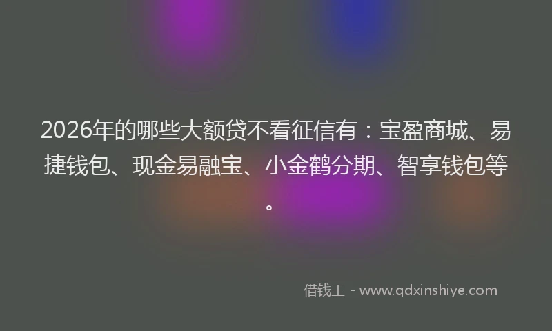 2026年的哪些大额贷不看征信有:宝盈商城、易捷钱包、现金易融宝、小金鹤分期、智享钱包等。