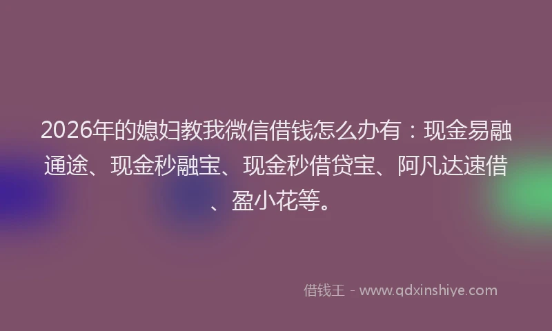 2026年的媳妇教我微信借钱怎么办有：现金易融通途、现金秒融宝、现金秒借贷宝、阿凡达速借、盈小花等。