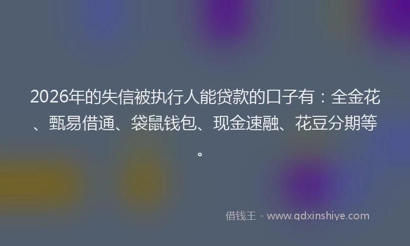 2026年的失信被执行人能贷款的口子有：全金花、甄易借通、袋鼠钱包、现金速融、花豆分期等。