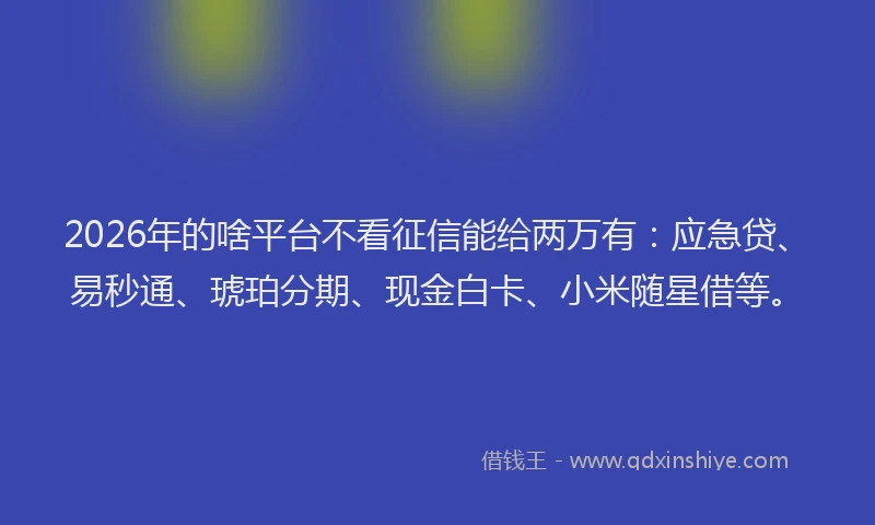 2026年的啥平台不看征信能给两万有:应急贷、易秒通、琥珀分期、现金白卡、小米随星借等。