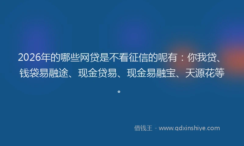 2026年的哪些网贷是不看征信的呢有：你我贷、钱袋易融途、现金贷易、现金易融宝、天源花等。