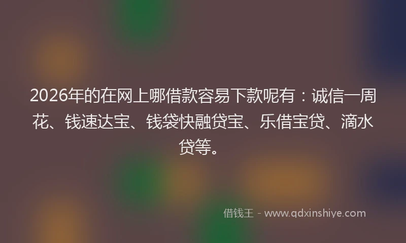 2026年的在网上哪借款容易下款呢有:诚信一周花、钱速达宝、钱袋快融贷宝、乐借宝贷、滴水贷等。