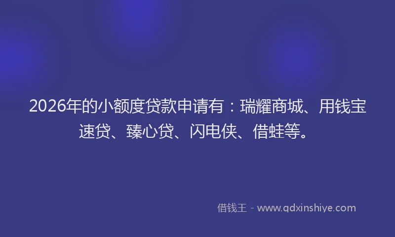 2026年的小额度贷款申请有：瑞耀商城、用钱宝速贷、臻心贷、闪电侠、借蛙等。