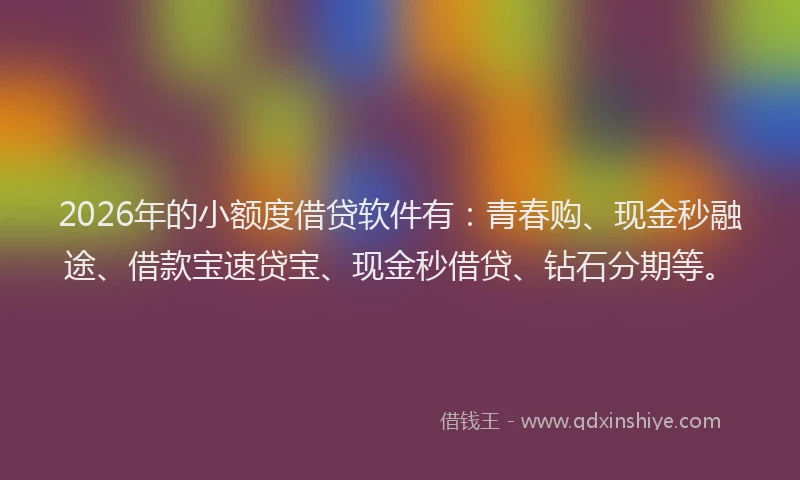 2026年的小额度借贷软件有：青春购、现金秒融途、借款宝速贷宝、现金秒借贷、钻石分期等。