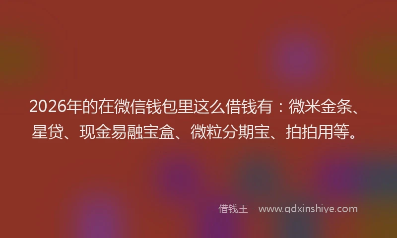 2026年的在微信钱包里这么借钱有：微米金条、星贷、现金易融宝盒、微粒分期宝、拍拍用等。