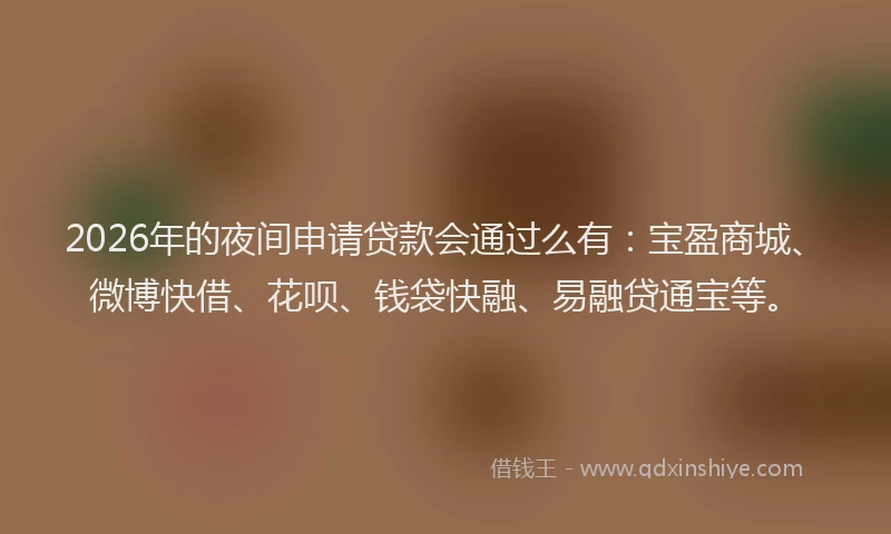 2026年的夜间申请贷款会通过么有:宝盈商城、微博快借、花呗、钱袋快融、易融贷通宝等。