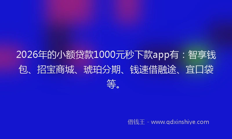 2026年的小额贷款1000元秒下款app有：智享钱包、招宝商城、琥珀分期、钱速借融途、宜口袋等。