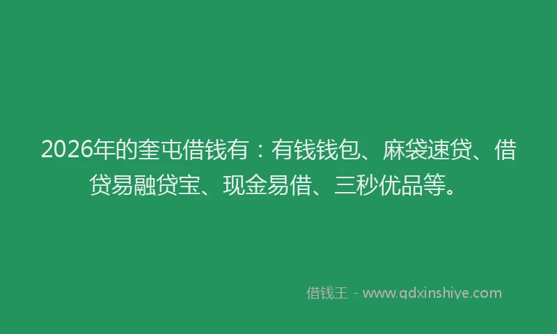 2026年的奎屯借钱有:有钱钱包、麻袋速贷、借贷易融贷宝、现金易借、三秒优品等。
