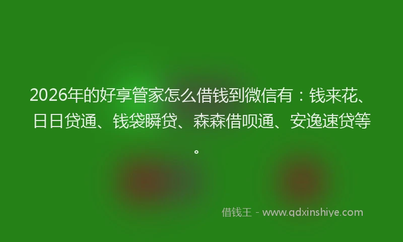 2026年的好享管家怎么借钱到微信有：钱来花、日日贷通、钱袋瞬贷、森森借呗通、安逸速贷等。