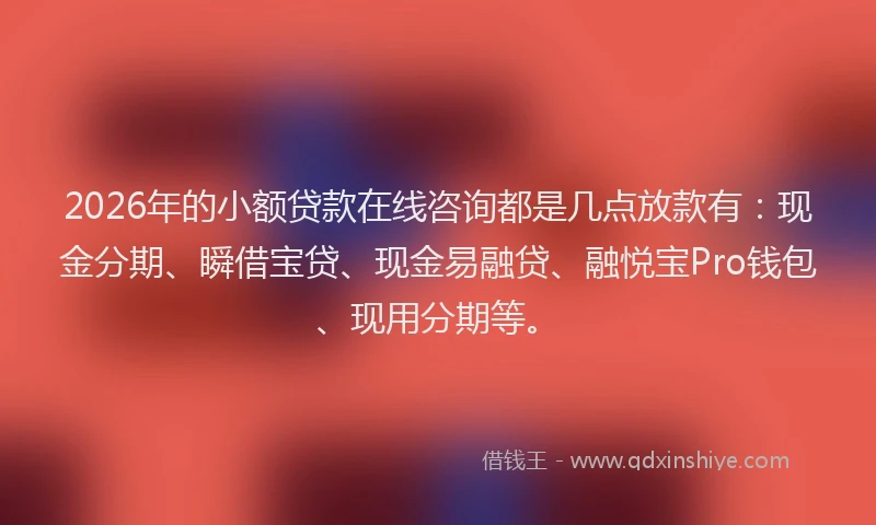 2026年的小额贷款在线咨询都是几点放款有：现金分期、瞬借宝贷、现金易融贷、融悦宝Pro钱包、现用分期等。