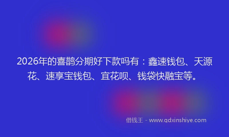 2026年的喜鹊分期好下款吗有：鑫速钱包、天源花、速享宝钱包、宜花呗、钱袋快融宝等。