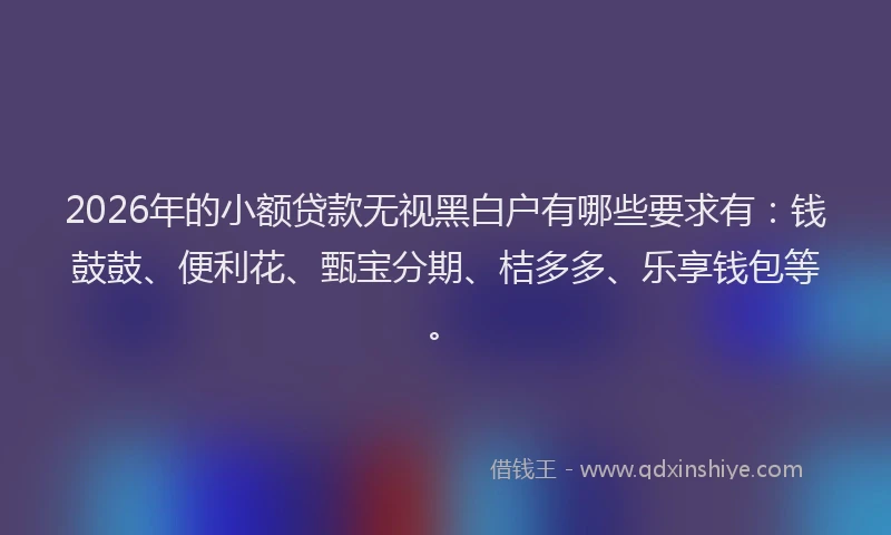 2026年的小额贷款无视黑白户有哪些要求有：钱鼓鼓、便利花、甄宝分期、桔多多、乐享钱包等。