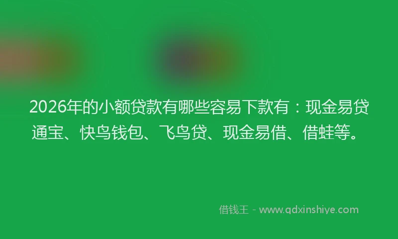 2026年的小额贷款有哪些容易下款有：现金易贷通宝、快鸟钱包、飞鸟贷、现金易借、借蛙等。
