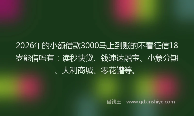 2026年的小额借款3000马上到账的不看征信18岁能借吗有：读秒快贷、钱速达融宝、小象分期、大利商城、零花罐等。