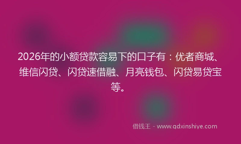 2026年的小额贷款容易下的口子有：优者商城、维信闪贷、闪贷速借融、月亮钱包、闪贷易贷宝等。