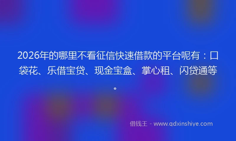 2026年的哪里不看征信快速借款的平台呢有：口袋花、乐借宝贷、现金宝盒、掌心租、闪贷通等。