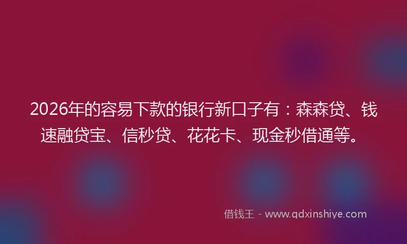 2026年的容易下款的银行新口子有：森森贷、钱速融贷宝、信秒贷、花花卡、现金秒借通等。