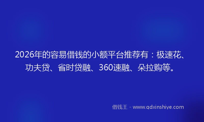 2026年的容易借钱的小额平台推荐有：极速花、功夫贷、省时贷融、360速融、朵拉购等。