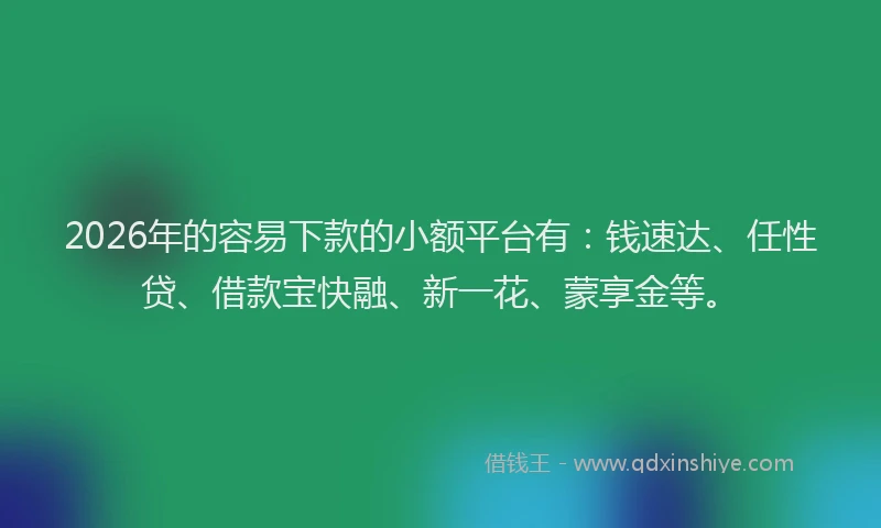 2026年的容易下款的小额平台有：钱速达、任性贷、借款宝快融、新一花、蒙享金等。