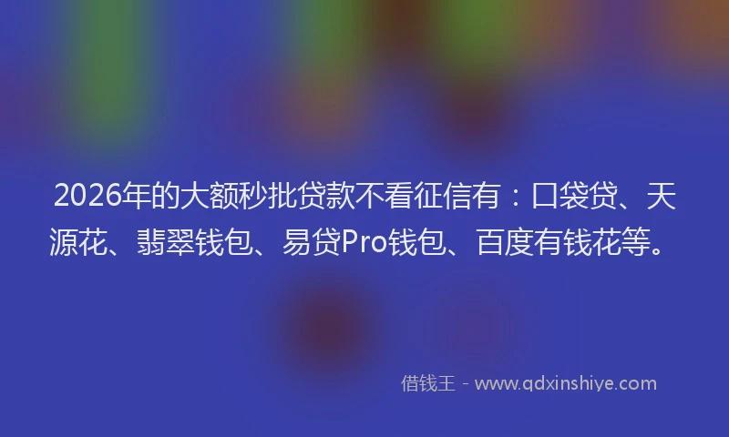 2026年的大额秒批贷款不看征信有：口袋贷、天源花、翡翠钱包、易贷Pro钱包、百度有钱花等。
