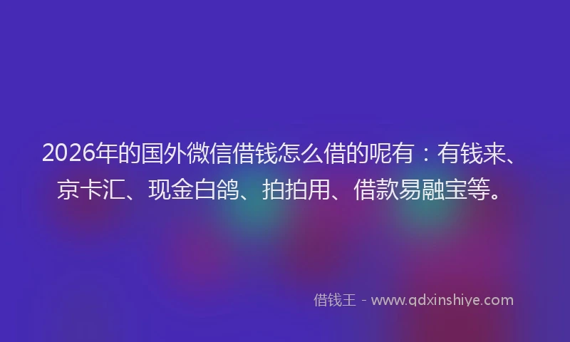 2026年的国外微信借钱怎么借的呢有:有钱来、京卡汇、现金白鸽、拍拍用、借款易融宝等。