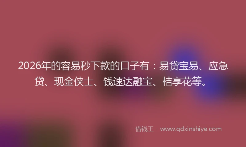 2026年的容易秒下款的口子有：易贷宝易、应急贷、现金侠士、钱速达融宝、桔享花等。