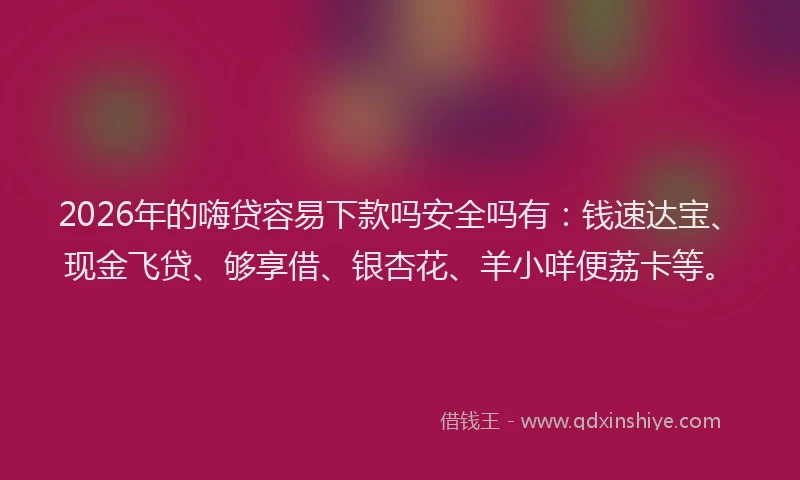 2026年的嗨贷容易下款吗安全吗有:钱速达宝、现金飞贷、够享借、银杏花、羊小咩便荔卡等。