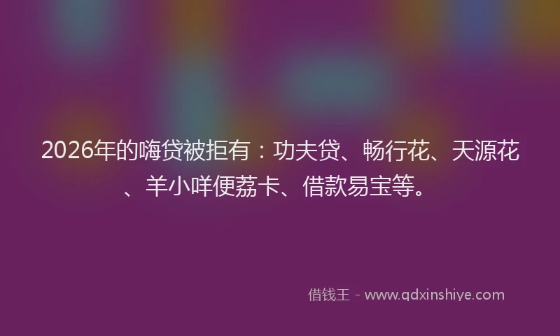 2026年的嗨贷被拒有：功夫贷、畅行花、天源花、羊小咩便荔卡、借款易宝等。