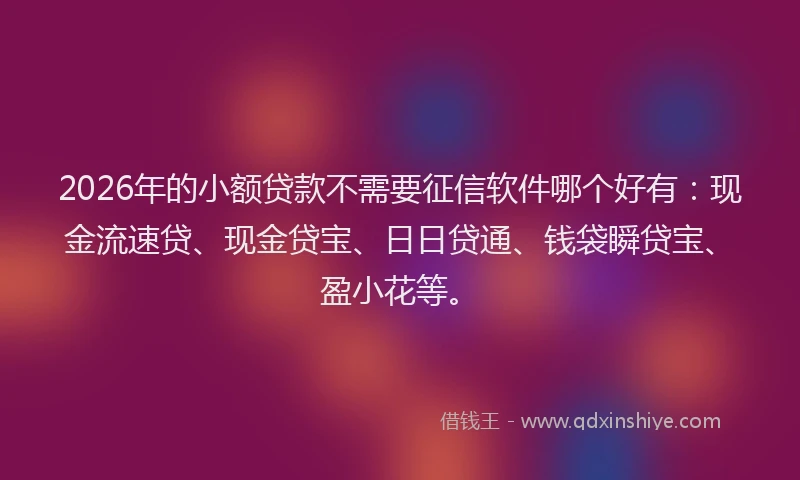 2026年的小额贷款不需要征信软件哪个好有：现金流速贷、现金贷宝、日日贷通、钱袋瞬贷宝、盈小花等。