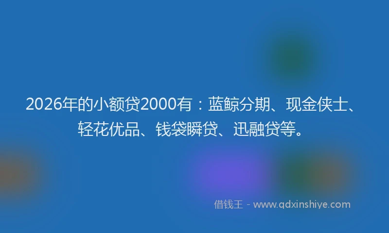 2026年的小额贷2000有：蓝鲸分期、现金侠士、轻花优品、钱袋瞬贷、迅融贷等。
