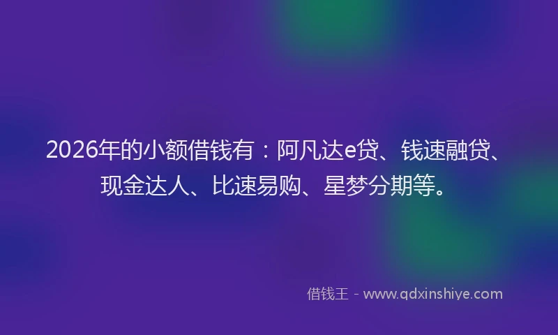 2026年的小额借钱有：阿凡达e贷、钱速融贷、现金达人、比速易购、星梦分期等。