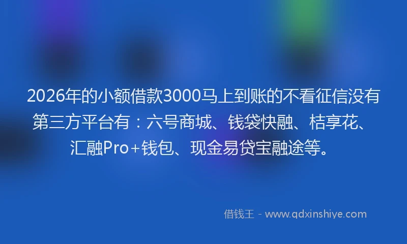 2026年的小额借款3000马上到账的不看征信没有第三方平台有：六号商城、钱袋快融、桔享花、汇融Pro+钱包、现金易贷宝融途等。