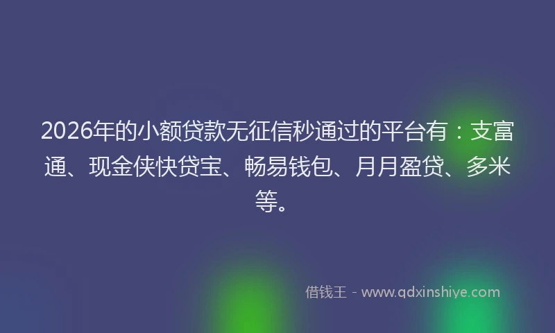 2026年的小额贷款无征信秒通过的平台有：支富通、现金侠快贷宝、畅易钱包、月月盈贷、多米等。