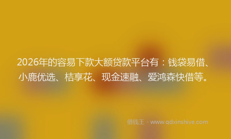 2026年的容易下款大额贷款平台有：钱袋易借、小鹿优选、桔享花、现金速融、爱鸿森快借等。