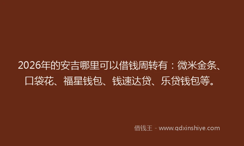 2026年的安吉哪里可以借钱周转有：微米金条、口袋花、福星钱包、钱速达贷、乐贷钱包等。