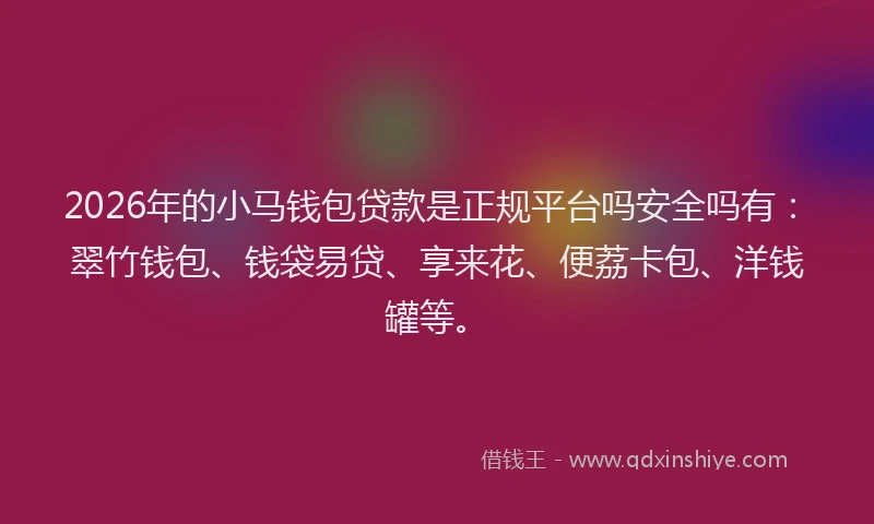 2026年的小马钱包贷款是正规平台吗安全吗有：翠竹钱包、钱袋易贷、享来花、便荔卡包、洋钱罐等。
