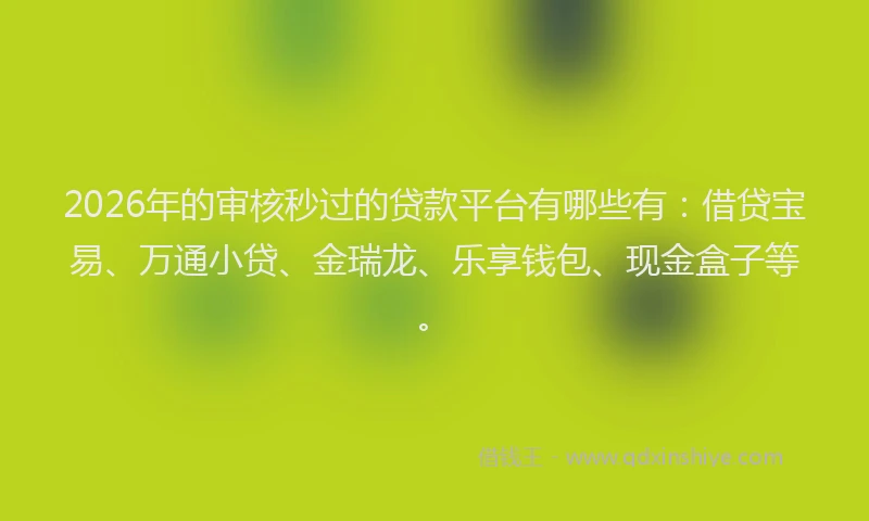 2026年的审核秒过的贷款平台有哪些有：借贷宝易、万通小贷、金瑞龙、乐享钱包、现金盒子等。