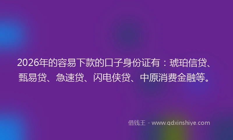 2026年的容易下款的口子身份证有：琥珀信贷、甄易贷、急速贷、闪电侠贷、中原消费金融等。