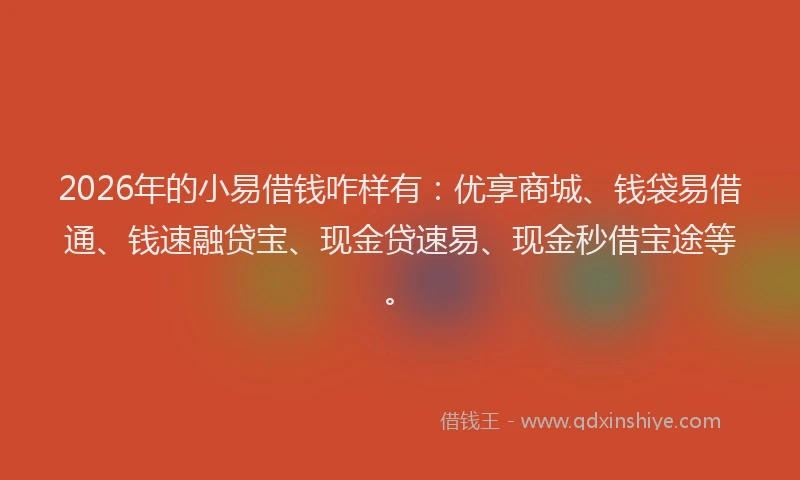 2026年的小易借钱咋样有：优享商城、钱袋易借通、钱速融贷宝、现金贷速易、现金秒借宝途等。
