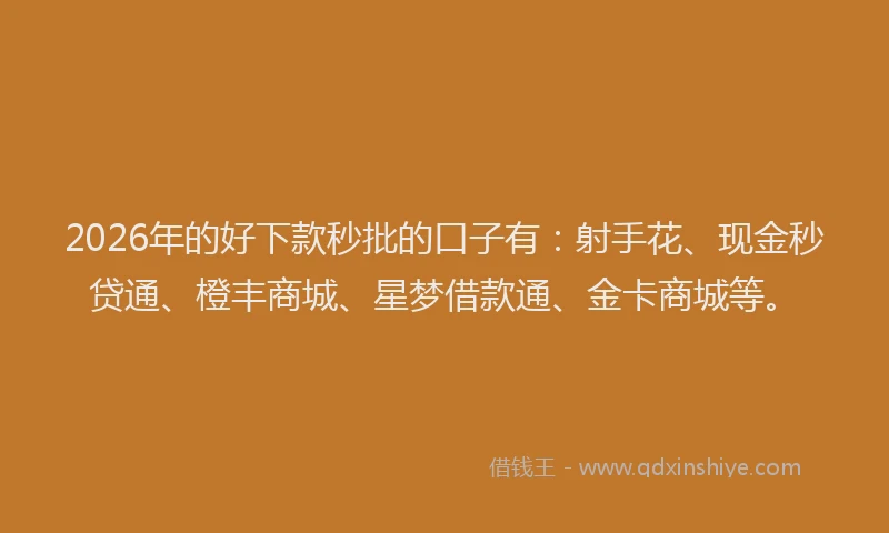 2026年的好下款秒批的口子有：射手花、现金秒贷通、橙丰商城、星梦借款通、金卡商城等。