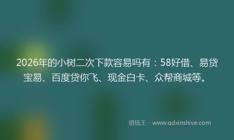 2026年的小树二次下款容易吗有：58好借、易贷宝易、百度贷你飞、现金白卡、众帮商城等。