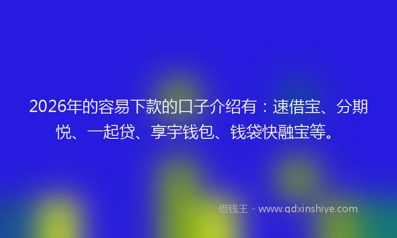 2026年的容易下款的口子介绍有：速借宝、分期悦、一起贷、享宇钱包、钱袋快融宝等。
