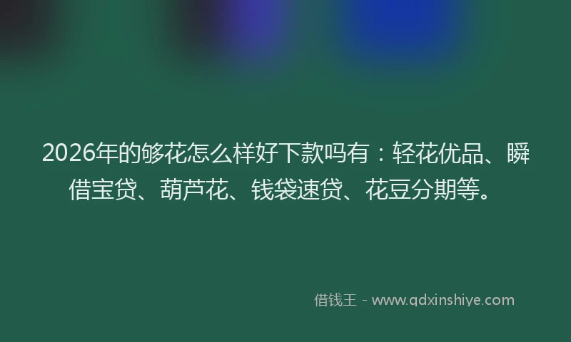 2026年的够花怎么样好下款吗有：轻花优品、瞬借宝贷、葫芦花、钱袋速贷、花豆分期等。
